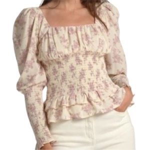 BNWT Cistar NY Smocked Floral Ruffle Longsleeve Top in White